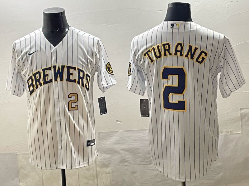 Men 2025 Milwaukee Brewers #2 Turang White Stripe 2025 Nike MLB Jersey 012